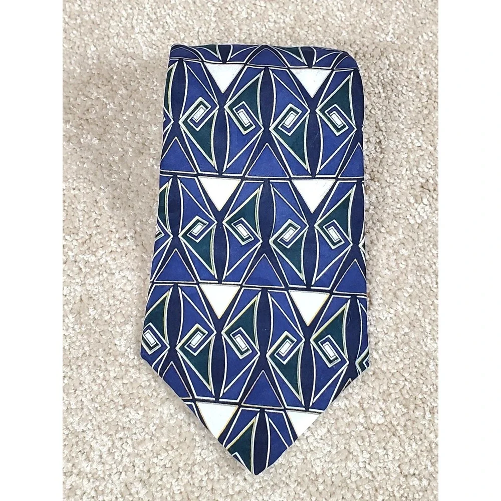KETCH Men's Geometric Neck Tie  Navy Green and‎ White Polyester 56.5